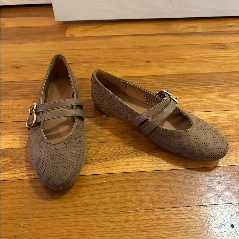 Universal Thread Taupe Double-Strap Perforated Flats